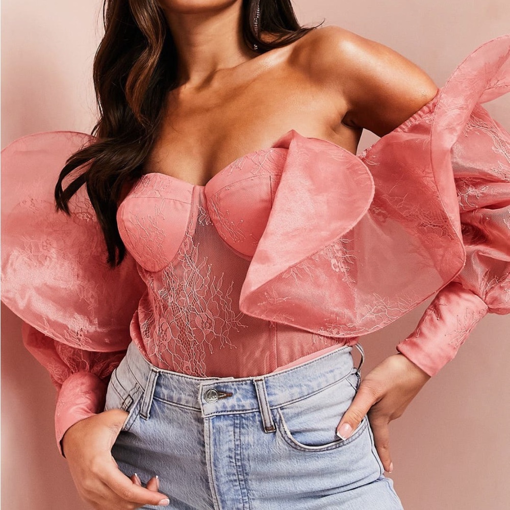 ASOS Luxe design off the shoulder pink ruffle bodysuit